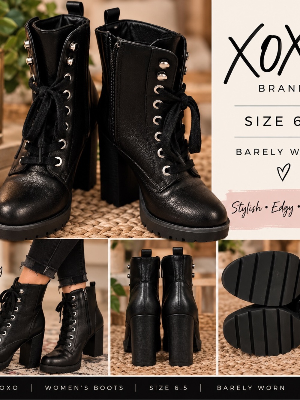 XOXO Black Lace-Up Chunky Heel Combat Ankle Boots